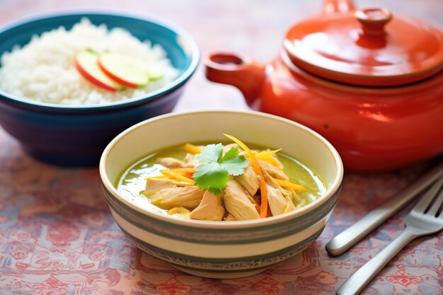 Photo mulligatawny avec du poulet et du riz dans un bol en céramique garni de tranches de pommes