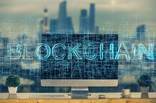 Multi exposition de l'hologramme du thème blockchain et du tableau avec l'arrière-plan de l'ordinateur Concept de la crypto-monnaie bitcoin