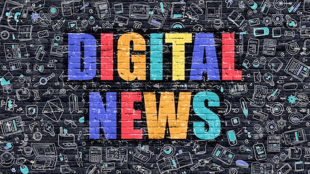 Multicolor Concept Digital News sur mur de briques sombres avec des icônes Doodle Illustration moderne dans Doodle Style Digital News Business Concept Digital News sur mur sombre