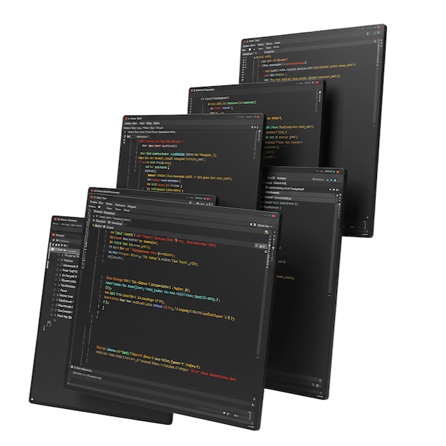 Multiple computer screens displaying lines of code for software development