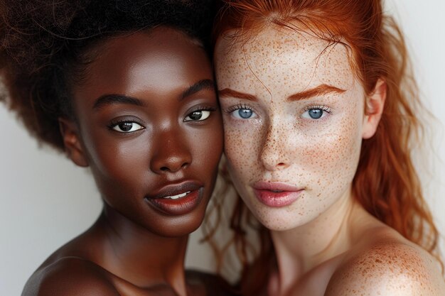 Photo multiracial women hugging black african american and white redhead with freckles diversity