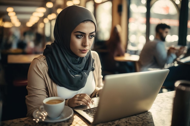 Multitâche musulman jonglant travail et vie dans un café-bar occupé illustration IA générative
