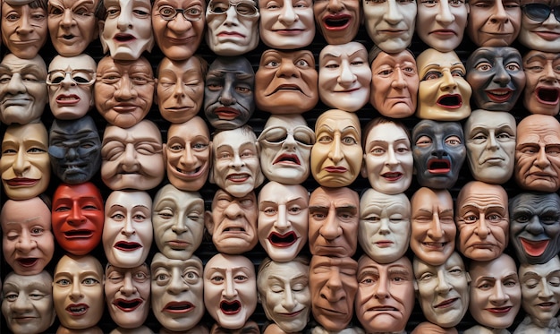 Une multitude de visages humains expressifs forment un arrière-plan captivant évoquant un sentiment d'interconnexion.