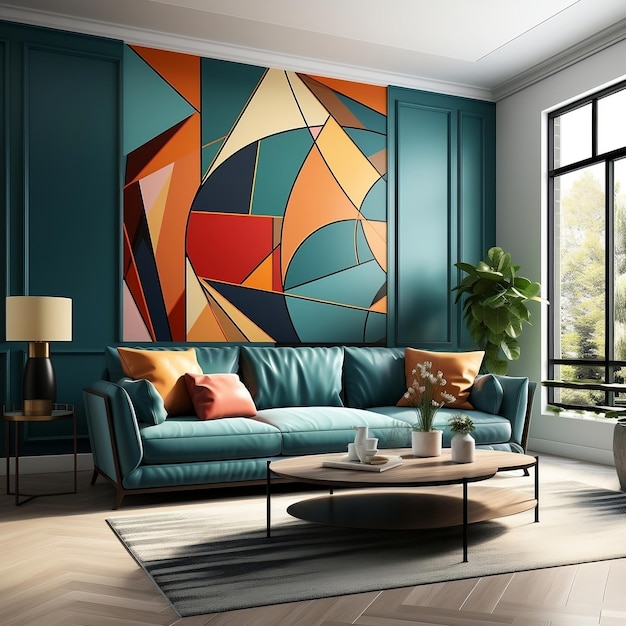 Photo mur d'accent de salon intérieur avec une forme géométrique sans couture élégante et moderne