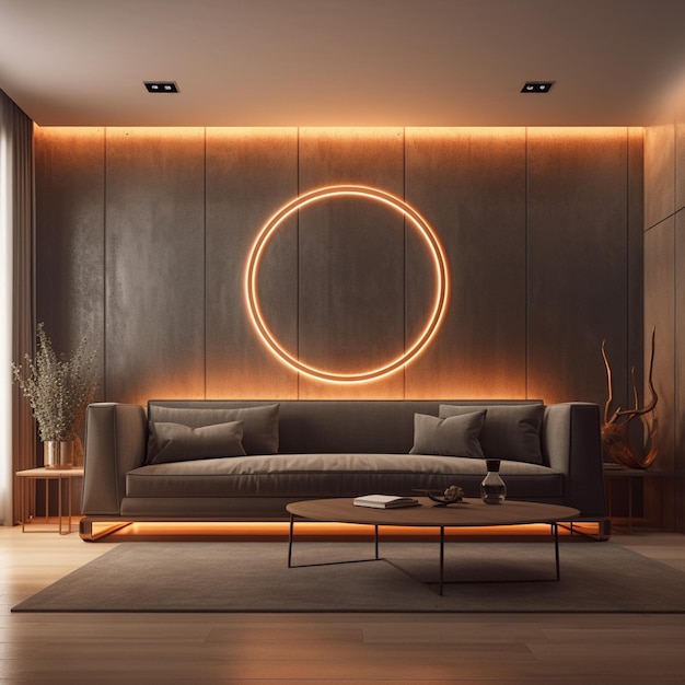 Mur d'affichage lumineux vide d'une pièce moderne avec éclairage intérieur Comprend un élégant canapé AI génératif