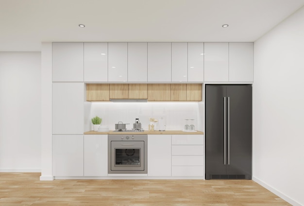 Mur d'armoires de cuisine avec appareils électroménagers sur plancher en bois. Rendu 3D de l'intérieur du bâtiment résidentiel.