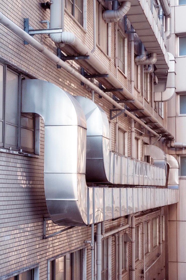 Mur de bâtiment industriel avec de nombreux tuyaux métalliques