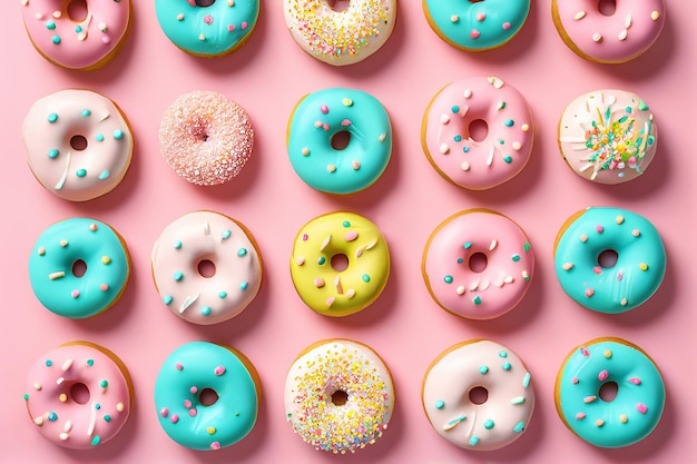 Un mur de beignets colorés sur fond rose