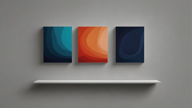 sur un mur de béton au-dessus d'une étagère blanche pendent trois peintures de couleurs bleu orange et sombre