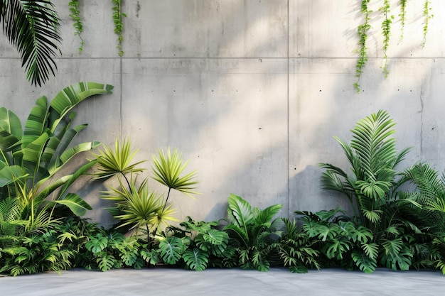 Mur de béton blanc avec un jardin de plantes tropicales à l'arrière