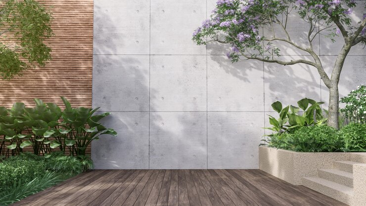 Photo mur de béton extérieur vide avec jardin de style tropical