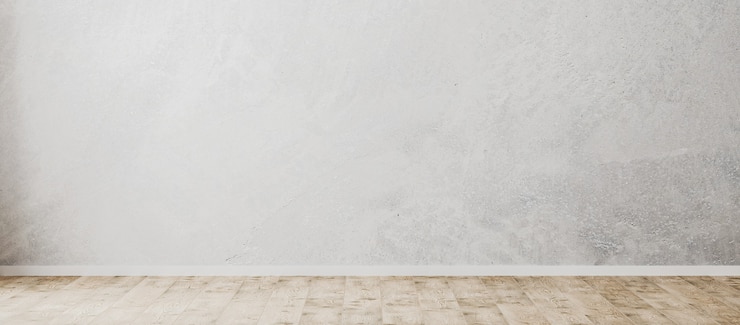 Photo mur de béton vide, salle vide avec mur en plastique décoratif gris et plancher en bois
