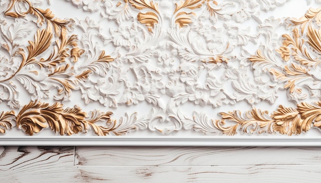 Un mur blanc avec un motif de feuille d'or dessus