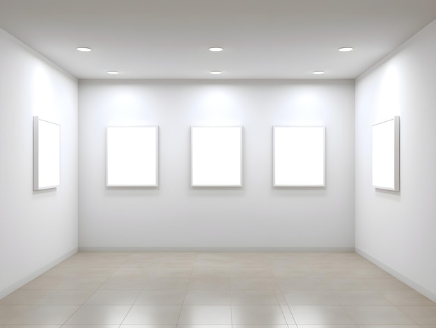 Un mur blanc avec quatre peintures blanches dessus.