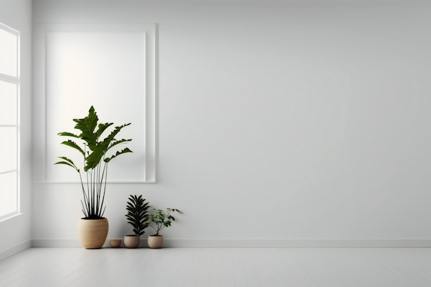 mur blanc salle vide avec des plantes sur un sol, rendu 3d dans un style minimaliste