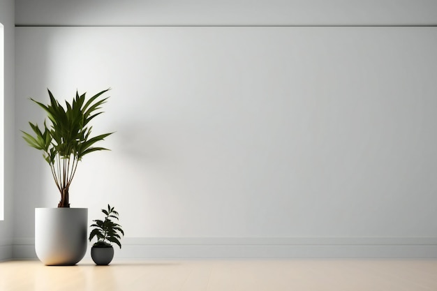 mur blanc salle vide avec des plantes sur un sol, rendu 3d dans un style minimaliste