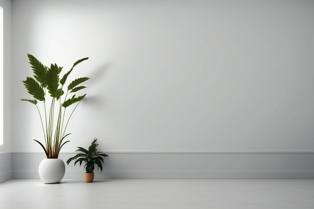 mur blanc salle vide avec des plantes sur un sol, rendu 3d dans un style minimaliste