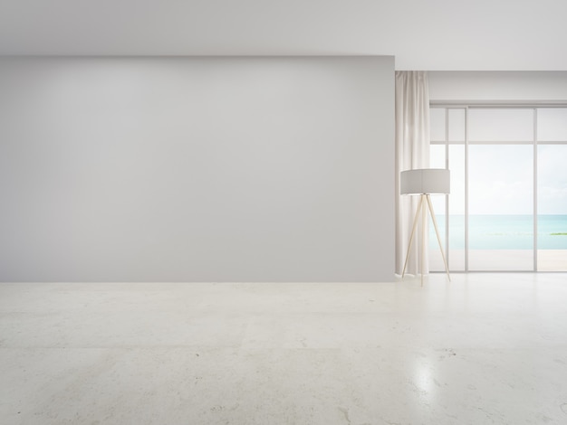 Mur blanc sur un sol en marbre beige vide d'un grand salon dans une maison moderne
