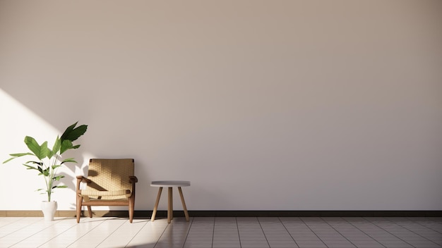 un mur blanc vide a une chaise de canapé simple avec une table d'appoint et une plante verte sur un sol rendu 3D