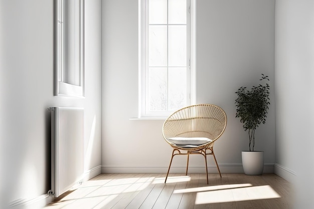 Mur blanc vide avec chaise en rotin et fenêtre sur le salon intérieur en parquet