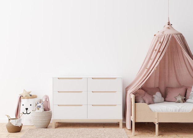 Mur blanc vide dans une chambre d'enfant moderne Maquette d'intérieur dans un style scandinave Espace de copie gratuit pour votre affiche photo Console de lit panier en rotin jouets Chambre confortable pour les enfants rendu 3D