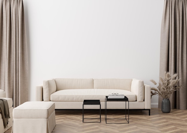 Mur blanc vide dans le salon moderne Maquette d'intérieur dans un style scandinave contemporain Espace de copie gratuit pour le texte de l'affiche d'image ou un autre dessin Canapé table herbe de la pampa rendu 3D