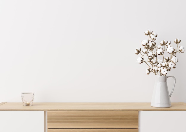 Mur blanc vide Maquette d'intérieur dans un style contemporain Vue rapprochée Espace libre pour copier le texte de votre image ou un autre design Rendu 3D de plante de coton de buffet