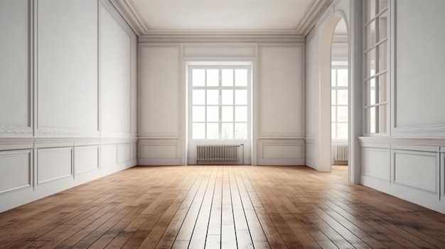 Mur blanc vierge dans une pièce vide avec une vue de face de plancher en bois