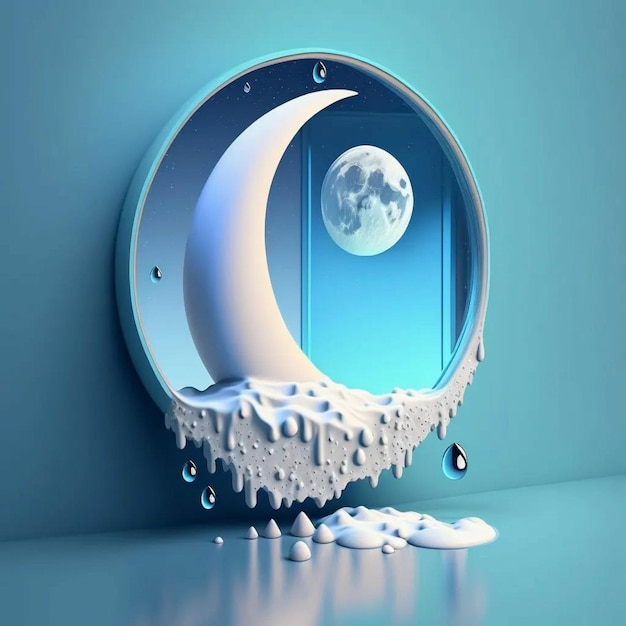Un mur bleu avec une demi-lune et une goutte d'eau.
