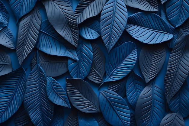 un mur bleu avec des feuilles et des feuilles bleues