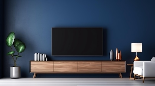 Photo le mur bleu foncé la nuit a une télévision sur l'armoire en bois dans le salon avec canapé