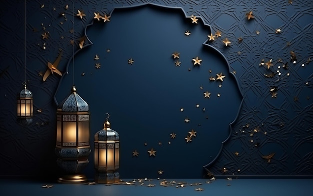 Un mur bleu avec un fond sombre avec des étoiles dorées et des paillettes dorées.