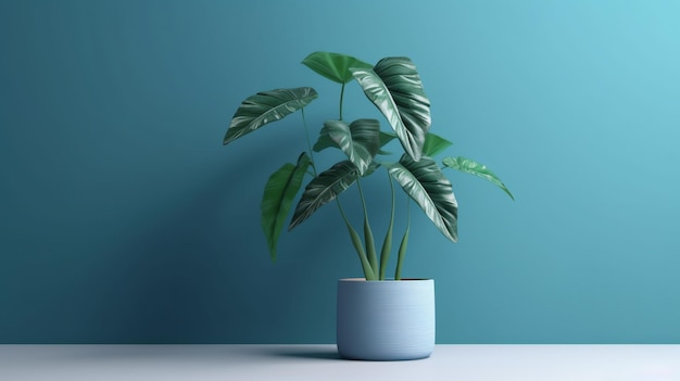 Un mur bleu avec une plante dedans