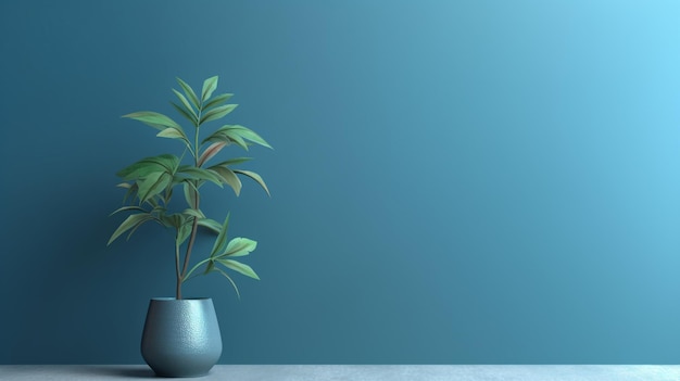 Un mur bleu avec une plante en pot