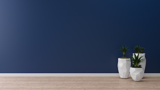 mur bleu profond et plancher de bois