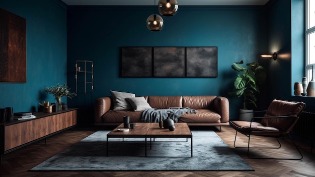 Mur bleu salon Salon design d'intérieur mur bleu vide avec espace libre AI Generative