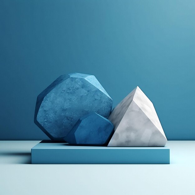 Un mur bleu avec trois rochers blancs et un triangle blanc.