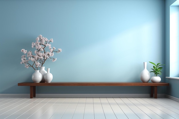 Un mur bleu avec des vases et des vases dessus