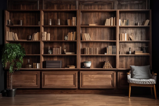 Mur en bois avec bibliothèque vintage et collection de livres créés avec l'AI générative