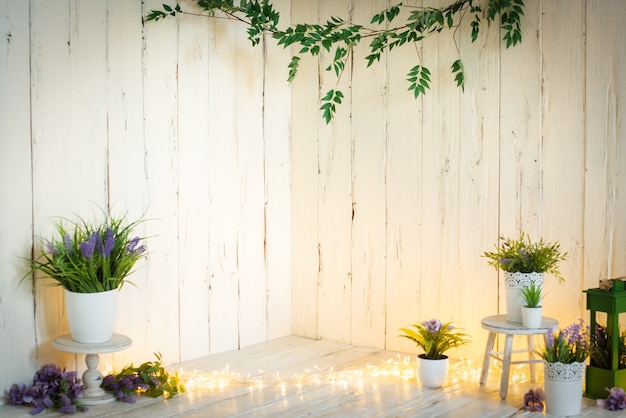 mur en bois blanc avec fleurs, lavande, guirlande et lumières