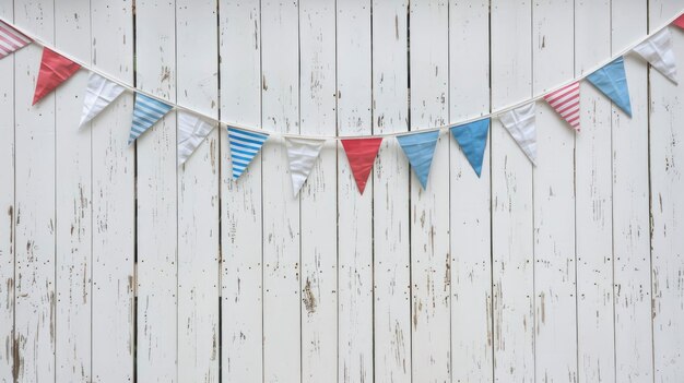 Un mur en bois blanc orné de drapeaux bleus et rouges