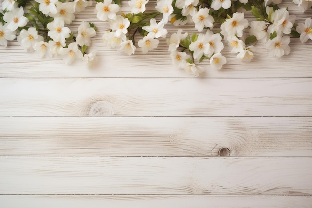 mur en bois clair avec des fleurs blanches AI générative