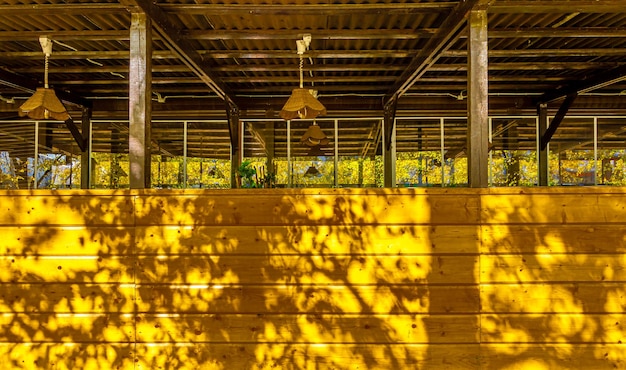 Un mur en bois dans un café éclairé par le soleil.