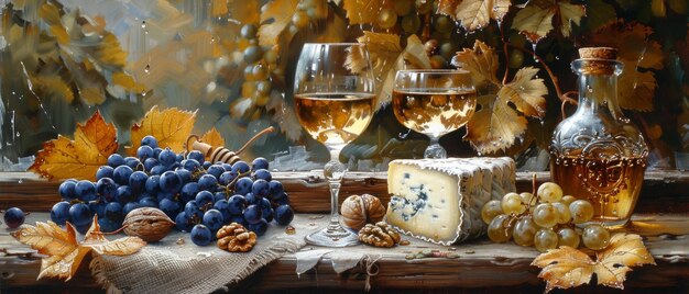 Sur un mur en bois avec des feuilles d'automne, du vin blanc, du camembert bleu et des fromages suisses, du miel, des noix et des raisins sont exposés sur un sac.