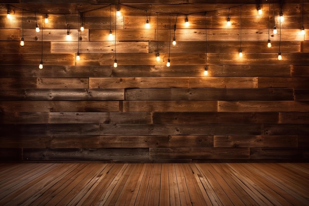 Mur en bois avec des lumières et un plancher en bois