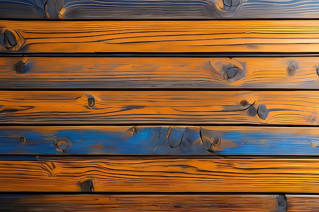 Un mur en bois avec des planches bleues et oranges.