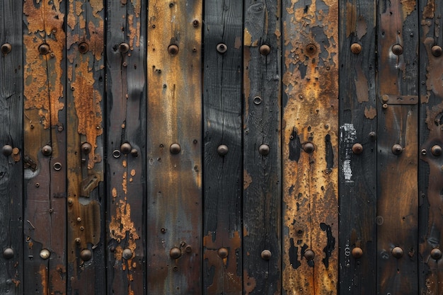 mur en bois avec une texture en acier rouillé, en métal et en ongles fond planche brune fond mur en bois