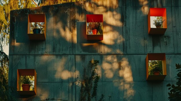 un mur avec des boîtes rouges et orange