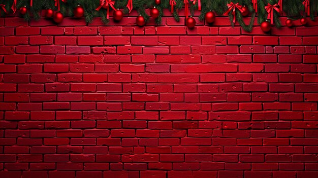 Photo un mur de brique avec un arbre de noël et des boules rouges dessus