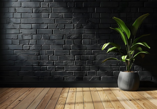 Mur en brique noire et plancher en bois avec plante Rendering 3D